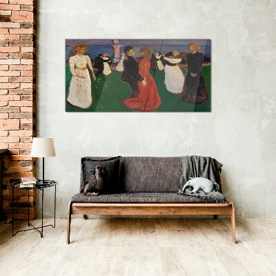 Dancing figures on a green background Glass Wall Art