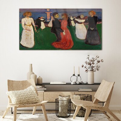 Dancing figures on a green background Glass Wall Art