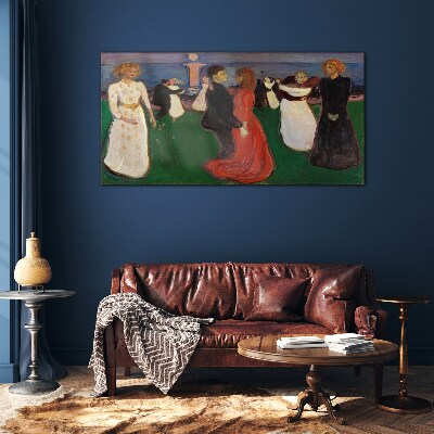 Dancing figures on a green background Glass Wall Art