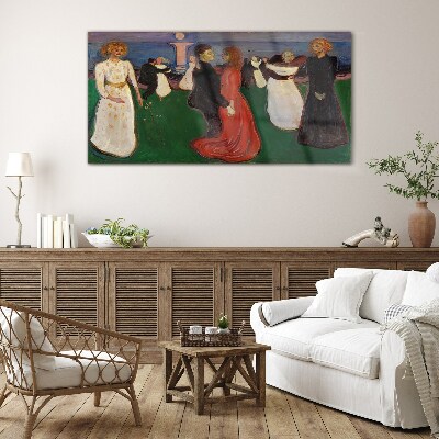 Dancing figures on a green background Glass Wall Art