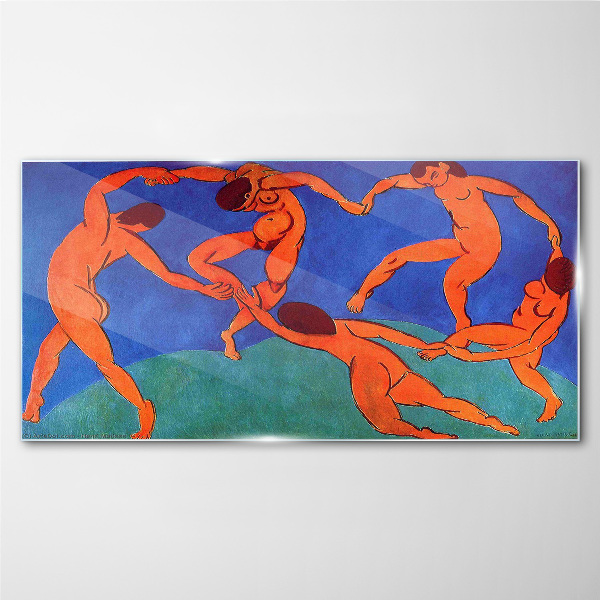 Dancing figures on a blue background Glass Wall Art