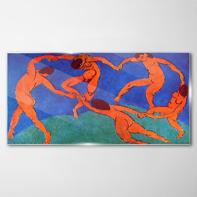 Dancing figures on a blue background Glass Wall Art