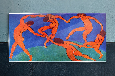 Dancing figures on a blue background Glass Wall Art