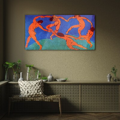 Dancing figures on a blue background Glass Wall Art