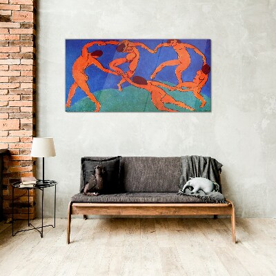Dancing figures on a blue background Glass Wall Art