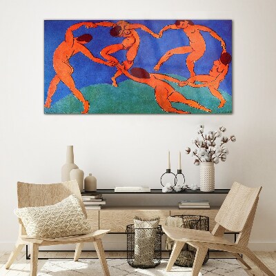 Dancing figures on a blue background Glass Wall Art
