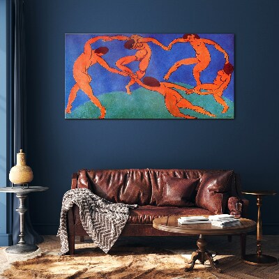 Dancing figures on a blue background Glass Wall Art