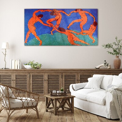 Dancing figures on a blue background Glass Wall Art