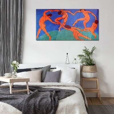 Dancing figures on a blue background Glass Wall Art