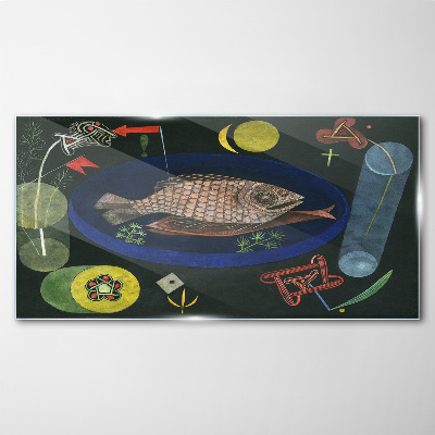Fish in a blue bowl Glass Wall Art