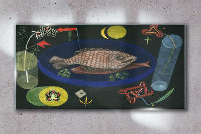 Fish in a blue bowl Glass Wall Art