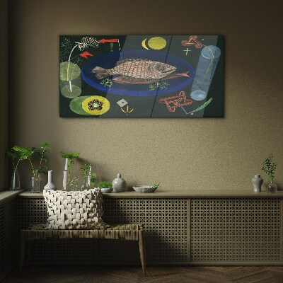 Fish in a blue bowl Glass Wall Art