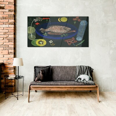 Fish in a blue bowl Glass Wall Art