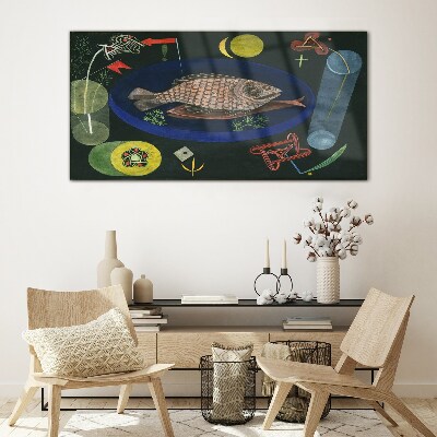 Fish in a blue bowl Glass Wall Art