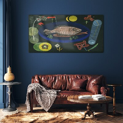 Fish in a blue bowl Glass Wall Art