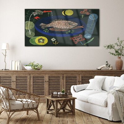 Fish in a blue bowl Glass Wall Art