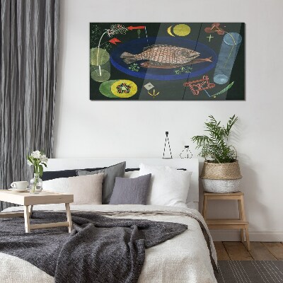 Fish in a blue bowl Glass Wall Art
