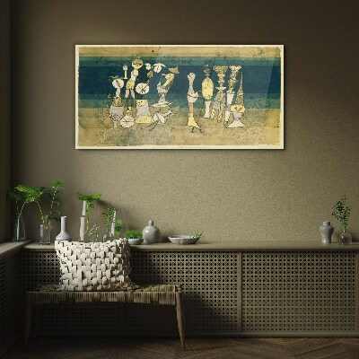 Figurative figures on an abstract background Glass Wall Art