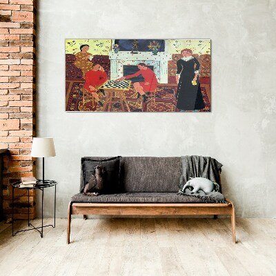 A game of chess in a colorful interior Glass Wall Art