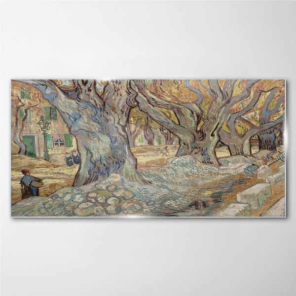 Tree-lined street in the spring sun Glass Wall Art
