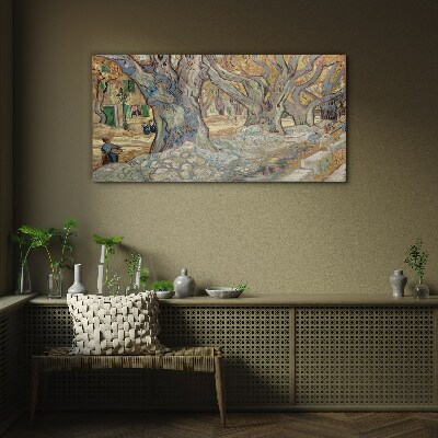 Tree-lined street in the spring sun Glass Wall Art