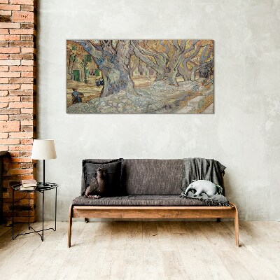 Tree-lined street in the spring sun Glass Wall Art