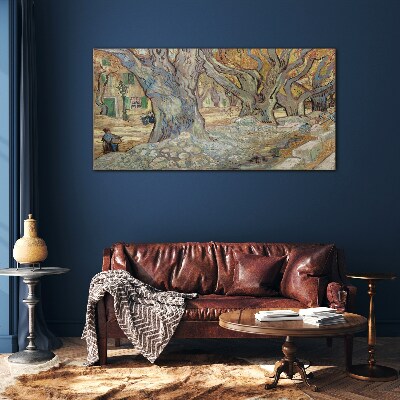 Tree-lined street in the spring sun Glass Wall Art