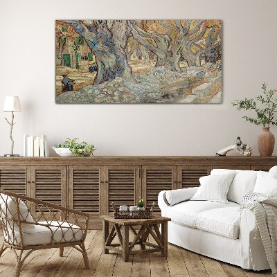 Tree-lined street in the spring sun Glass Wall Art