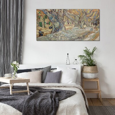 Tree-lined street in the spring sun Glass Wall Art