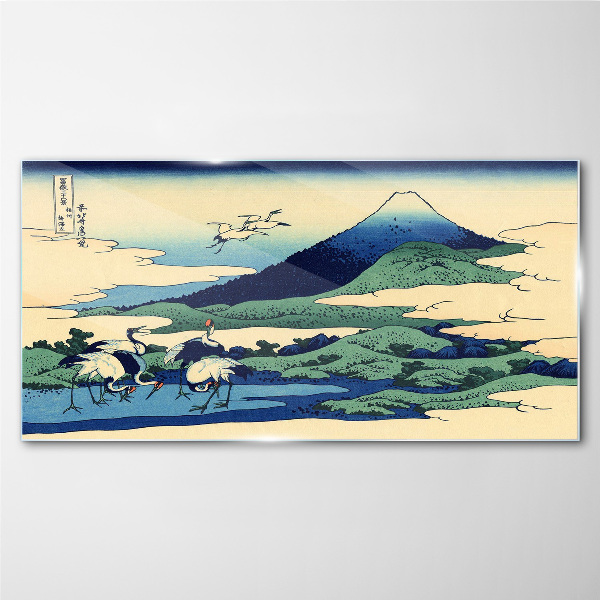 Cranes by a Mountain Glass Wall Art