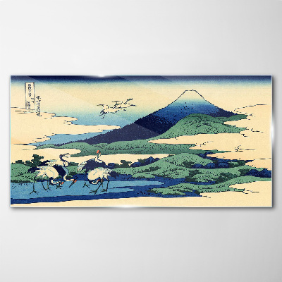 Cranes by a Mountain Glass Wall Art