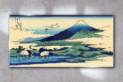 Cranes by a Mountain Glass Wall Art