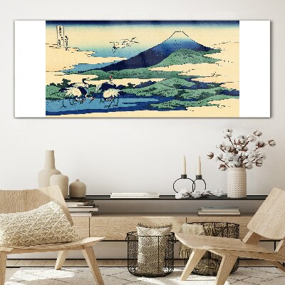 Cranes by a Mountain Glass Wall Art