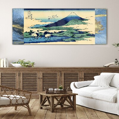 Cranes by a Mountain Glass Wall Art