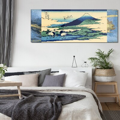 Cranes by a Mountain Glass Wall Art