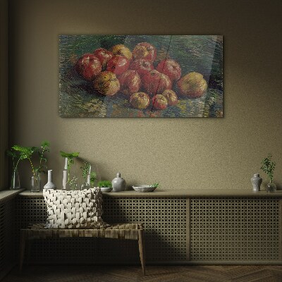 Apples on a green background Glass Wall Art