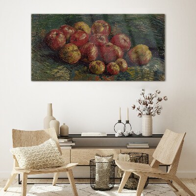 Apples on a green background Glass Wall Art