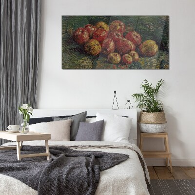 Apples on a green background Glass Wall Art