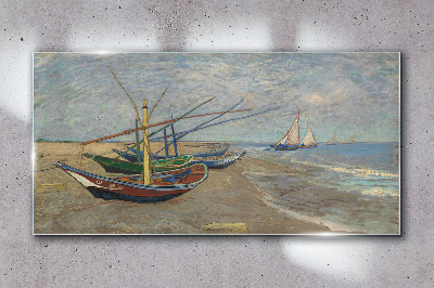 Boats on the beach Glass Wall Art