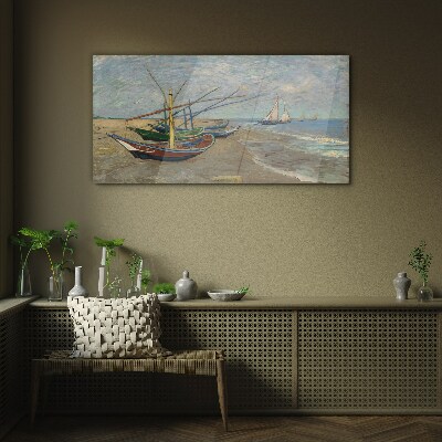 Boats on the beach Glass Wall Art
