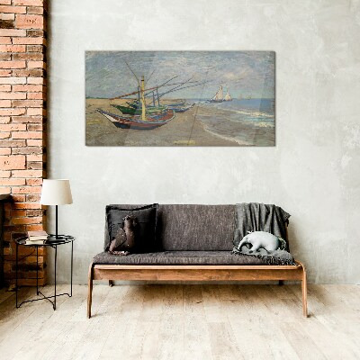 Boats on the beach Glass Wall Art