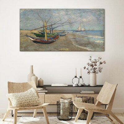 Boats on the beach Glass Wall Art