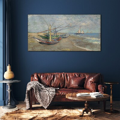 Boats on the beach Glass Wall Art