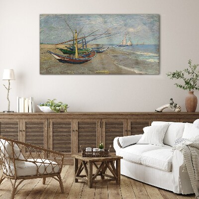 Boats on the beach Glass Wall Art