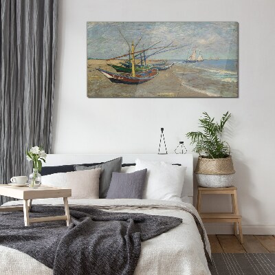 Boats on the beach Glass Wall Art