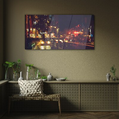 Night street in the glow of lights Glass Wall Art