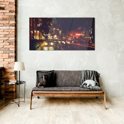 Night street in the glow of lights Glass Wall Art