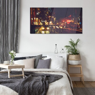 Night street in the glow of lights Glass Wall Art