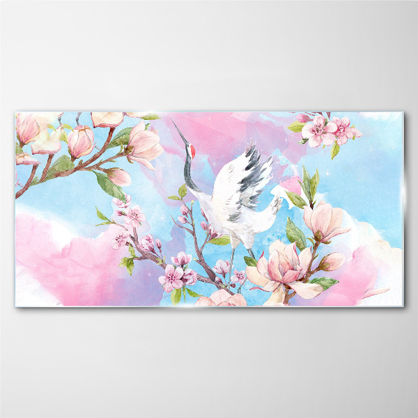 Floral landscape with a crane Glass Wall Art