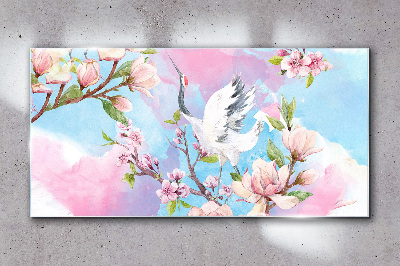 Floral landscape with a crane Glass Wall Art